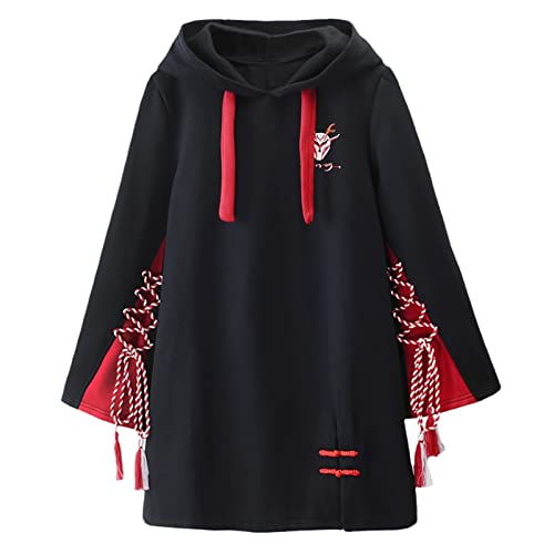 Herbst Frauen Hoodies Preppy Style mit mittlerer Länge Cartoon Stickerei süßes Kapuzen-Sweatshirt Black M von LANG XU GLASS