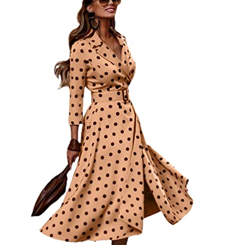 LANG XU GLASS Frühling Herbst Damen Kleid V-Ausschnitt Polka Dot Print Dreiviertelärmel Schnürung Schlitz Midi Kleid Vestido, Gelber Punkt, Small von LANG XU GLASS