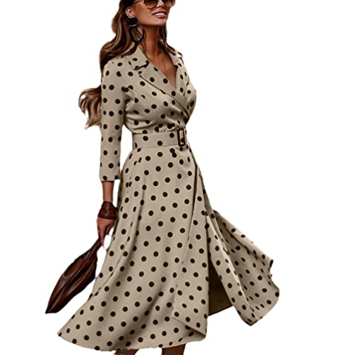 LANG XU GLASS Frühling Herbst Damen Kleid V-Ausschnitt Polka Dot Print Dreiviertelärmel Schnürung Schlitz Midi Kleid Vestido, Khaki Punkte, Small von LANG XU GLASS