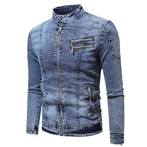 Motorrad Jeansjacke Herren Retro Reißverschluss Stehkragen Jeansjacke Herren Baumwolle Slim Denim Jacke Motorrad, blau, XL von LANG XU GLASS