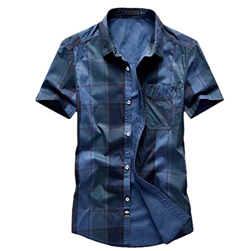 Plaid Kurzarm Hemden Herren Casual Lose Baggy Atmungsaktiv Baumwolle Streetwear Kleidung, blau, 3XL von LANG XU GLASS