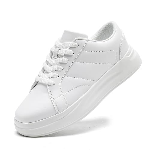 LANGFEUU Damen Turnschuhe Sneaker Flacher Absatz Leder Schuhe Wanderschuhe Straßenlaufschuhe rutschfest Frauen Halbschuhe Weiß EU 37 von LANGFEUU