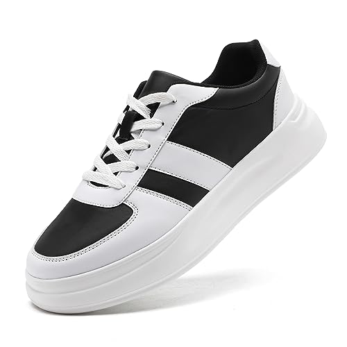 LANGFEUU Damen Turnschuhe Sneaker Leder Flacher Absatz Schuhe Wanderschuhe Straßenlaufschuhe rutschfest Frauen Halbschuhe Schwarz Weiß EU 36 von LANGFEUU