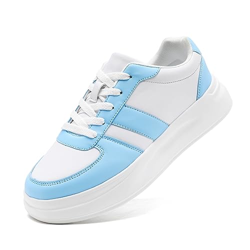 LANGFEUU Damen Turnschuhe Sneaker Leder Flacher Absatz Schuhe Wanderschuhe Straßenlaufschuhe rutschfest Frauen Halbschuhe Weiß Blau EU 41 von LANGFEUU