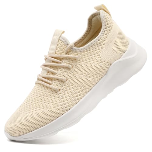 LANGFEUU Damen Turnschuhe Sneaker Schuhe Damen Sportschuhe Laufschuhe Tennisschuhe Outdoor Running Damen Walkingschuhe Straßenlaufschuhe rutschfest Atmungsaktiv Leichtgewichts Hellbeige 38 von LANGFEUU