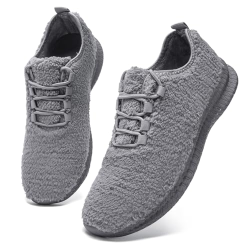 LANGFEUU Herren Winter Hausschuhe Warm Plüsch Walkingschuhe Leichte Hausschuhe Männer Slippers Light Grey 42 von LANGFEUU