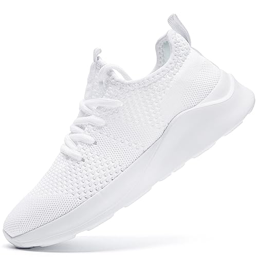 LANGFEUU Sneaker Herren Laufschuhe Turnschuhe Sportschuhe Männer Freizeitschuhe Trainer Leichte Atmungsaktives Netz Leichtgewichts Fitnessschuhe Weiß Größe 43 von LANGFEUU