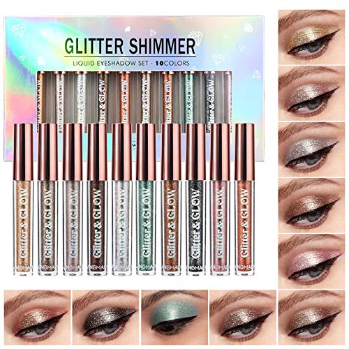 10PCS flüssiger Glitter Lidschatten Metallischer Schimmer Schweißfestes Make-up Set, Pressed All Highly Pigmented Blending Powder,Perfect For Every Woman & Girl (10pcs) von LANGMANNI
