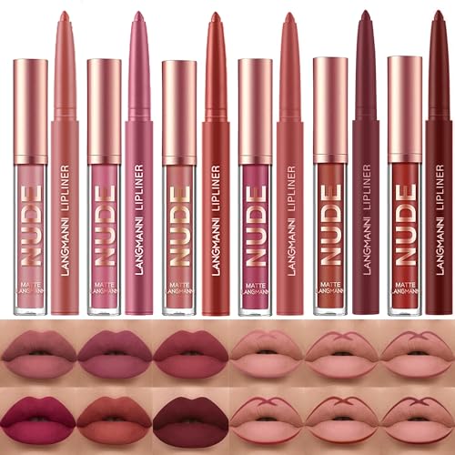 6 Matter Lippenstift mit 6 Lipliner Dauerhafter Lipgloss, langlebiger und wasserdichter Non-Stick Cup High Pigmented Samt Lipgloss Kit, Schönheitskosmetik Geschenk für Mädchen (12PCS) von LANGMANNI