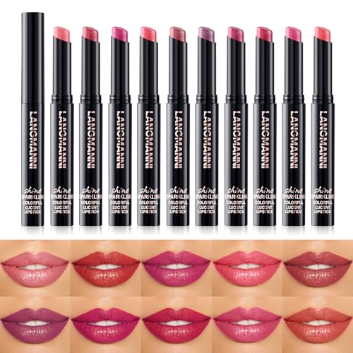 LANGMANNI 10 Farben Glitzer-Lippenstift Set mit Schrägspitze | Diamant-Finish & Lang anhaltender Glanz | Seidige Glow Lippenstifte in Premium-Geschenkbox für Damen von LANGMANNI