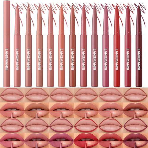 LANGMANNI 12 Farben Lipliner Set Samt-Matte • Cremig & Hochpigmentiert • Wasserfest Präzisions-Konturenstifte für Damen von LANGMANNI