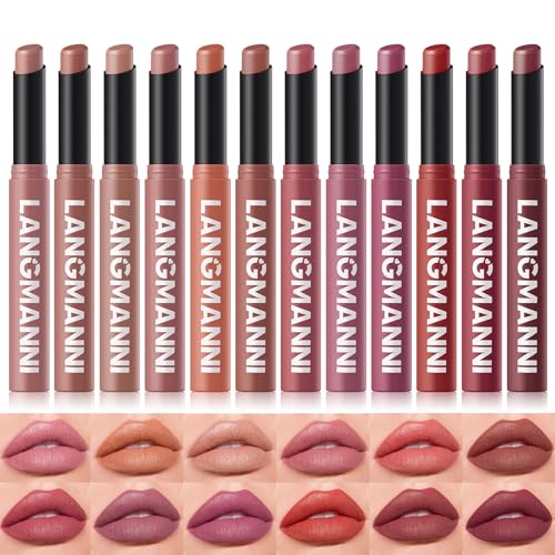 LANGMANNI 12 Farben Samt-Matte Lippenstift Set | Natürliche bis Intensive Nuancen • Hochpigmentiert & Nicht Austrocknend • Cremige Lippenstifte mit Schräger Spitze in Premium-Geschenkbox für Frauen von LANGMANNI