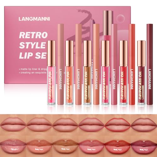 LANGMANNI 6 Matte Lipliner + 6 Pflege-Lipgloss Set • 2-in-1 Langzeithydration • Vegan Tägliches Beautyset für Damen - Premium Geschenk von LANGMANNI