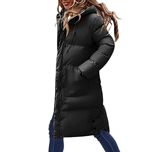 LANGYI Fliesjacke Damen Warm Damen Wintermantel Daunenjacke, Schmaler Taillengürtel Einfarbige Damen Skijacke Gefütterte Jacke mit Kapuzenkragen Lange Winterjacke Damen Schwarz Sweatjacke von LANGYI