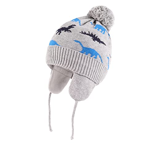 LANGZHEN Kleinkind Jungen gestrickte Wintermütze Fleece gefüttert warme Baumwolle Beanie mit Pompom (Grau-BlauDinosaurier, M,1-2 Jahre) von LANGZHEN