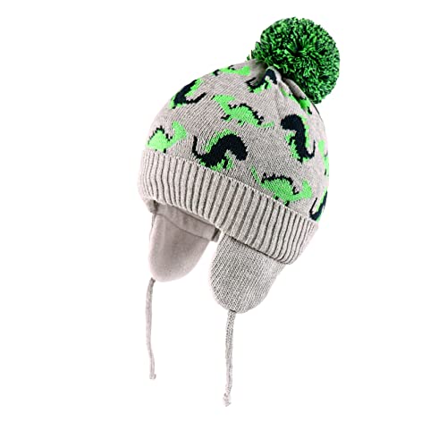 LANGZHEN Kleinkind Jungen gestrickte Wintermütze Fleece gefüttert warme Baumwolle Beanie mit Pompom (grau-grüneDinosaurier, L,2-4 Jahre) von LANGZHEN