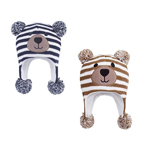 LANGZHEN Kleinkind Kinder Kleinkind Winter Hut, Earflap Strick Warme Cap Fleece gefütterte Mütze für Baby Boys (Bär -Navy Streifen+Bär -Brown Streifen, 2-4 T) von LANGZHEN