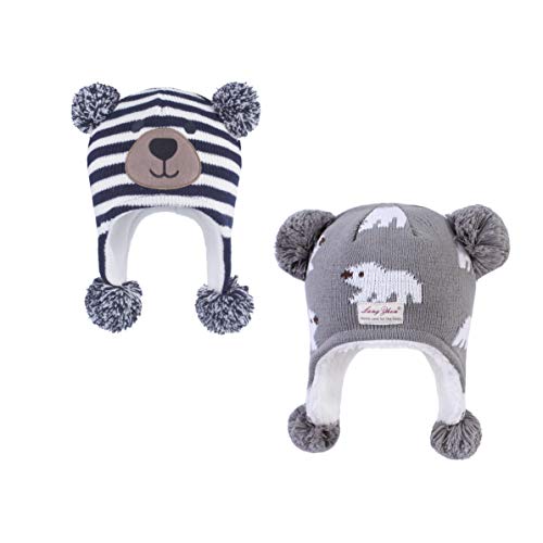 LANGZHEN Kleinkind Kinder Kleinkind Winter Hut, Earflap Strick Warme Kappe Fleece gefütterte Mütze für Baby Jungen (Bär-Navy Streifen+Eisbär bis Grau, 2-4 T) von LANGZHEN