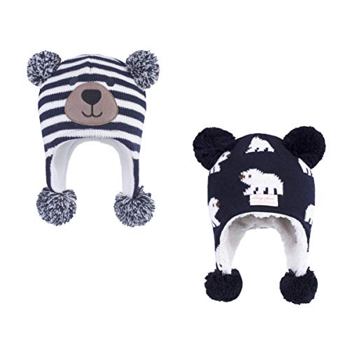 LANGZHEN Kleinkind Kinder Kleinkind Winter Hut, Earflap Strick Warme Kappe Fleece gefütterte Mütze für Baby Jungen Mädchen (Bär-Navy Streifen+Eisbär-Navy, 12-24 Monate) von LANGZHEN