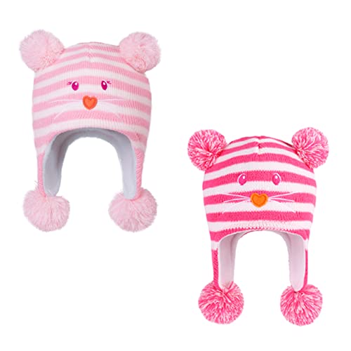 LANGZHEN Kleinkind Kinder Kleinkind Winter Hut, Earflap Strick Warme Kappe Fleece gefütterte Mütze für Baby Jungen Mädchen (Katze-Rose+Bär -rosa Streifen, 6-12 Monate) von LANGZHEN