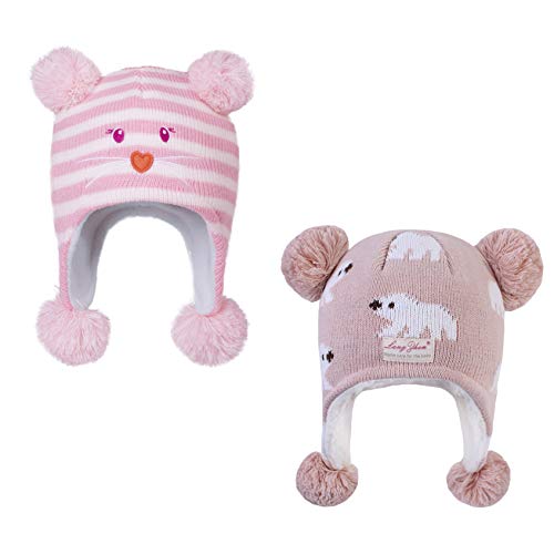 LANGZHEN Kleinkind Kinder Kleinkind Winter Hut, Ohrklappe Strick Warme Kappe Fleece gefütterte Mütze für Baby Jungen Mädchen (Bär-Rosa Streifen+Eisbär Rosa, 12-24 Monate) von LANGZHEN