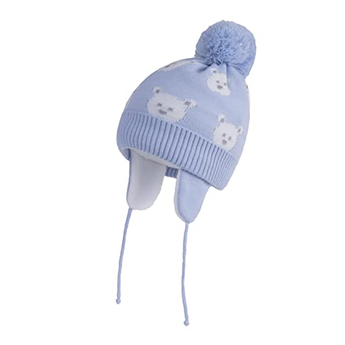 LANGZHEN Kleinkind Kinder Strickmütze Fleece gefüttert Warme Strickmütze für Baby Boys (Hellblau-Bär, M,1-2 Jahre) von LANGZHEN