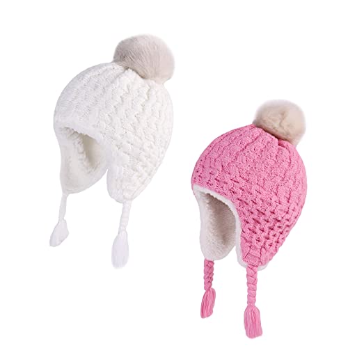 LANGZHEN Kleinkind Kinder Winter Hut, Earflap Strick Warm Cap Fleece gefüttert Beanie für Baby Mädchen (Pfirsich+Weiß,2-4 T) von LANGZHEN