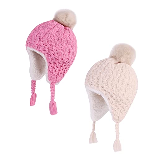 LANGZHEN Kleinkind Kinder Winter Hut, Earflap Strick Warm Cap Fleece gefütterte Mütze für Baby Mädchen (Pfirsich+Beige, 12-24 Monate) von LANGZHEN