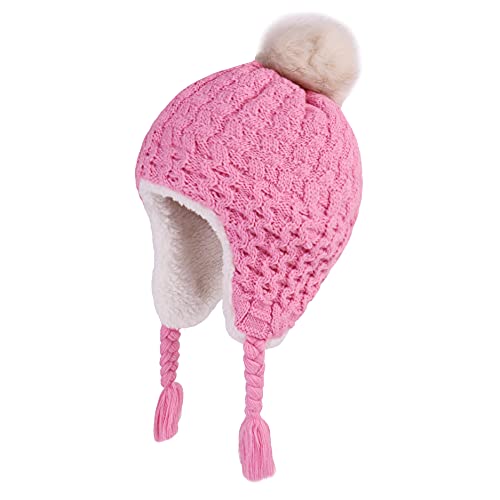 LANGZHEN Kleinkind Kinder Winter Hut, Earflap Strick Warm Cap Fleece gefütterte Mütze für Baby Mädchen (Pfirsich, 2-4 T) von LANGZHEN