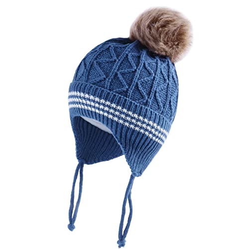 LANGZHEN Kleinkind Nette Pompom Design Beanie Stricken Warme Winter Hüte für Kleinkind Baby Boys (Blau, L,2-4 Jahre) von LANGZHEN