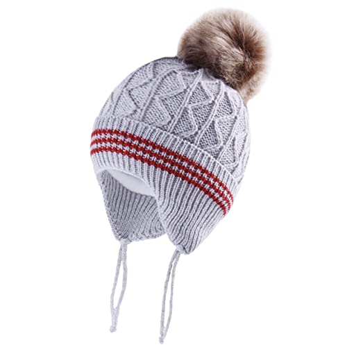LANGZHEN Kleinkind Nette Pompom Design Beanie Stricken Warme Winter Hüte für Kleinkind Baby Boys (Grau, L,2-4 Jahre) von LANGZHEN
