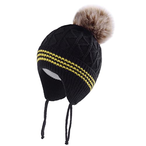 LANGZHEN Kleinkind Nette Pompom Design Beanie Stricken Warme Winter Hüte für Kleinkind Baby Boys (schwarz, L,2-4 Jahre) von LANGZHEN