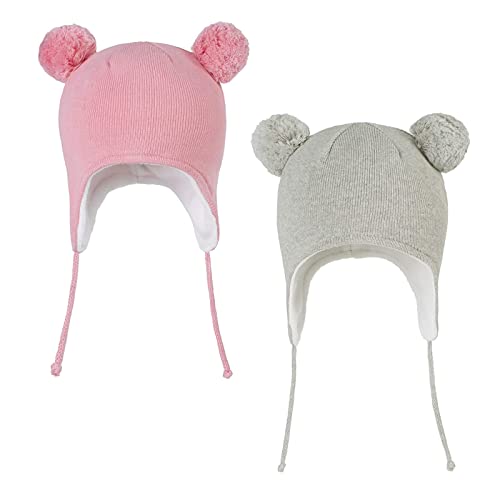 LANGZHEN Nette Pom Pom Babys Winter Hut Infant Earflap Strick Warme Kappe Für Jungen Mädchen Kleinkind Kinder Fleece Gefütterte Mütze (Classic -Pink+Grau,0-6 Monate) von LANGZHEN