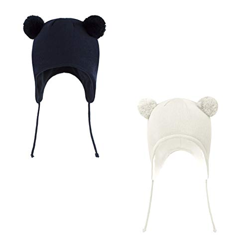 LANGZHEN Nette Pom Pom Babys Winter Hut Infant Earflap Strick Warme Kappe Für Jungen Mädchen Kleinkind Kinder Fleece Gefütterte Mütze (Classic -Weiß+Navy bis 0-6 Monate) von LANGZHEN