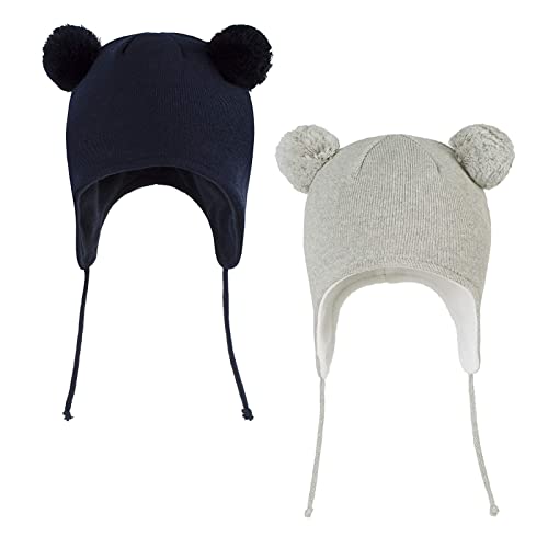 LANGZHEN Nette Pom Pom Babys Winter Hut Infant Earflap Strick Warme Kappe für Jungen Mädchen Kleinkind Kinder Fleece gefütterte Mütze für Classic -Navy+Grey,6-12 Monate von LANGZHEN