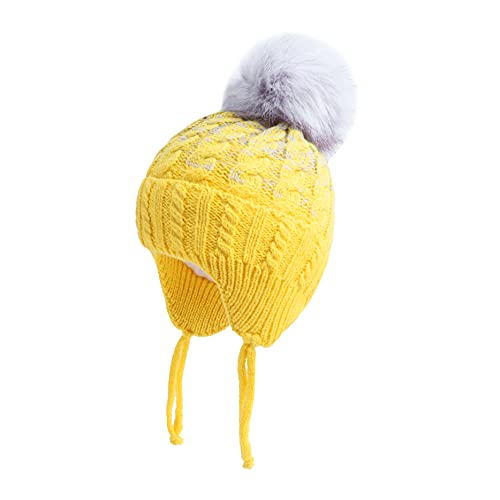 LANGZHEN Pom Pom Trend Winter Baby Hut Kleinkind Frühe Klappe Design Stricken Warme Mütze Für Mädchen Kleinkind Kinder (Gelb, S, 6-12, Monate) von LANGZHEN