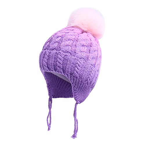 LANGZHEN Pom Pom Trend Winter Baby Hut Kleinkind Frühe Klappe Design Stricken Warme Mütze Für Mädchen Kleinkind Kinder (Lila, L, 2-4 Jahre) von LANGZHEN