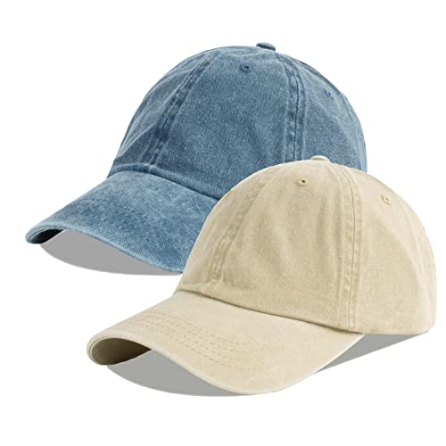 LANGZHEN Unisex Baseball Cap 100% Baumwolle Fits Männer Frauen Washed Denim Einstellbare Dad Hut (Denim Blue+Khaki, One Size) von LANGZHEN
