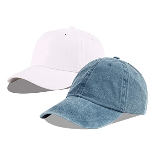 LANGZHEN Unisex Baseball Cap 100% Baumwolle Fits Männer Frauen Washed Denim Einstellbare Dad Hut (Denim Blue+Original Weiß) von LANGZHEN