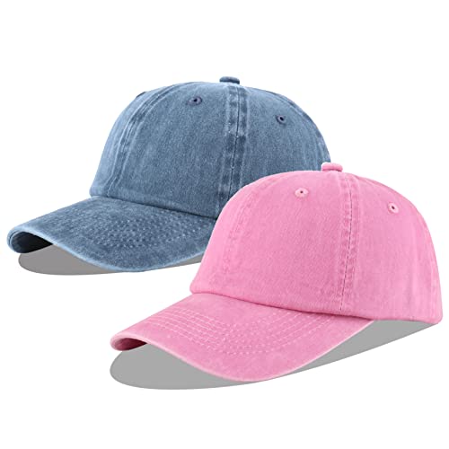 LANGZHEN Unisex Baseball Cap 100% Baumwolle Fits Männer Frauen Washed Denim Einstellbare Dad Hut (Denim Blue+Pink) von LANGZHEN