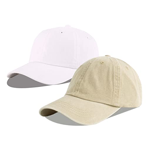 LANGZHEN Unisex Baseball Cap 100% Baumwolle Fits Männer Frauen Washed Denim Einstellbare Dad Hut (Khaki+Original Weiß) von LANGZHEN