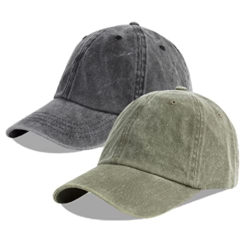 LANGZHEN Unisex Baseball Cap 100% Baumwolle Fits Männer Frauen Washed Denim Einstellbare Dad Hut (Schwarz+Army Grün) von LANGZHEN