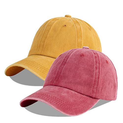 LANGZHEN Unisex Baseball Cap 100% Baumwolle Fits Männer Frauen Washed Denim Einstellbare Papa Hut (Burgund+Gelb, One Size) von LANGZHEN