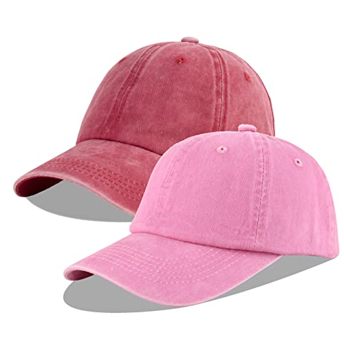 LANGZHEN Unisex Baseball Cap 100% Baumwolle Fits Männer Frauen Washed Denim Einstellbare Papa Hut (Burgund+Pink, One Size) von LANGZHEN
