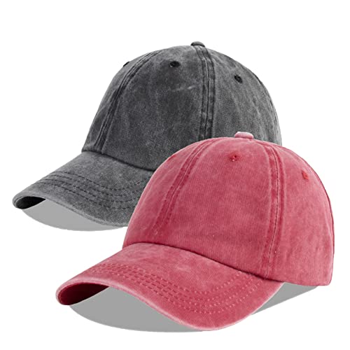 LANGZHEN Unisex Baseball Cap 100% Baumwolle Fits Männer Frauen Washed Denim Einstellbare Papa Hut (Burgund+Schwarz, One Size) von LANGZHEN