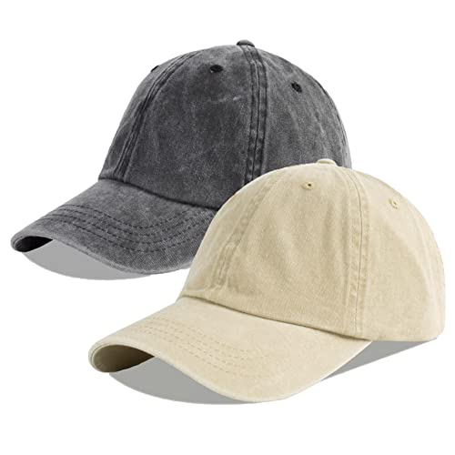 LANGZHEN Unisex Baseball Cap 100% Baumwolle Fits Männer Frauen Washed Denim Einstellbare Papa Hut (Khaki+Schwarz, One Size) von LANGZHEN