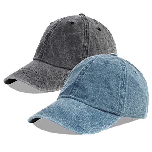 LANGZHEN Unisex Baseball Cap 100% Baumwolle Fits Männer Frauen Washed Denim Verstellbare Dad Hat (Schwarz+Denim Blau, One Size) von LANGZHEN