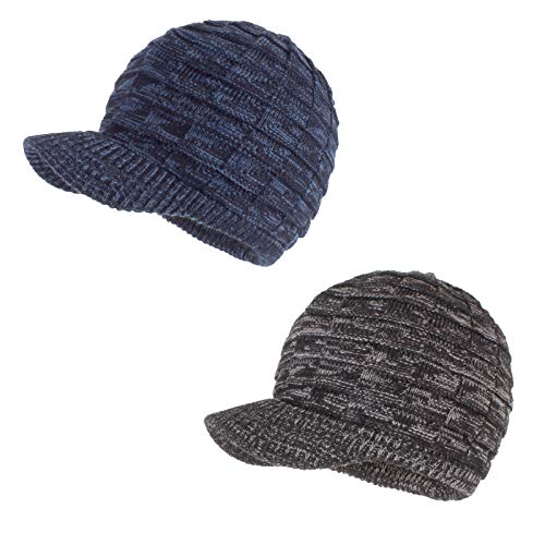 LANGZHEN Unisex Winter Hüte mit Visier Warme Ski Hut Stilvolle Strickmütze für Männer und Frauen (Schwarz-Melange+Navy-Melange) von LANGZHEN