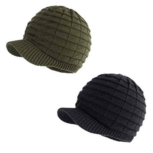 LANGZHEN Unisex Wintermützen mit Visier Warme Skimütze Stilvolle Strickmütze für Männer und Frauen (Black+Army Green) von LANGZHEN