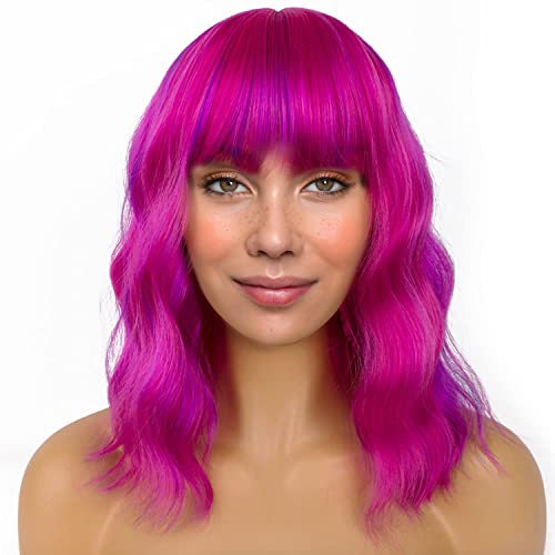 LANICE Kurze Bob-Perücken mit Pony für Damen, lockeres gewelltes Haar, schulterlang, Rosen-Mix, Violett, synthetische bunte Perücken für Cosplay, den täglichen Gebrauch (Rose Mix Lila, 30,5 cm) von LANICE